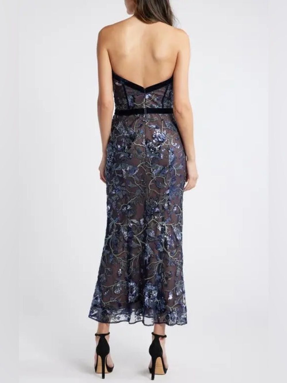 Marchesa Climbing Vines Midi Dress Crystal Ocean Strapless Sequin Embroidery - Picture 3 of 16